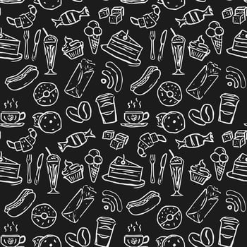 Seamless cafe vector pattern.Seamless coffee shop vector patter.Doodle vector with cafe icons on black background. Vintage coffe shop icons,sweet elements background for your project, menu, cafe shop