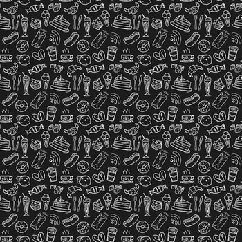 Seamless cafe vector pattern.Seamless coffee shop vector patter.Doodle vector with cafe icons on black background. Vintage coffe shop icons,sweet elements background for your project, menu, cafe shop