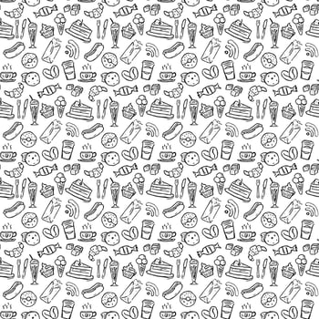 Seamless cafe vector pattern.Seamless coffee shop vector patter.Doodle vector with cafe icons on white background. Vintage coffe shop icons,sweet elements background for your project, menu, cafe shop.