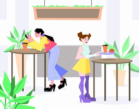 Two flat girls people eating in cafe vector