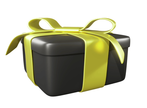 Realistic 3D Gift Black Box and Yellow Bow. Cutout. png