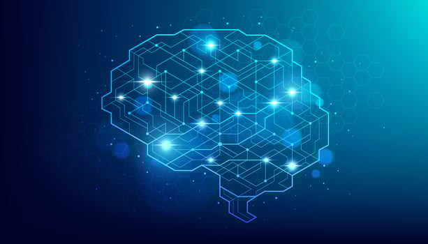 Human brain shape of an artificial intelligence with line dots on dark blue color background. Digital technology brain concept. vector