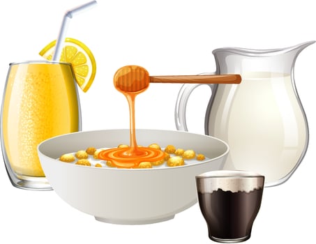 Breakfast set with cereal and fruit juice and milk vector