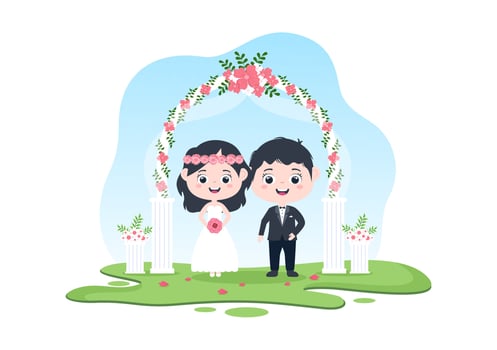 Happy Couple Celebrating Wedding or Married Ceremony with Beautiful Flower Decorations Outdoors Room in Flat Background Cartoon Style Illustration vector