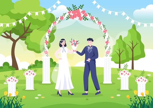 Happy Couple Celebrating Wedding or Married Ceremony with Beautiful Flower Decorations Outdoors Room in Flat Background Cartoon Style Illustration vector