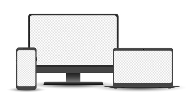 Device set - desktop, laptop and smartphone template. Electronic gadgets isolated on white background. Realistic vector illustration.
