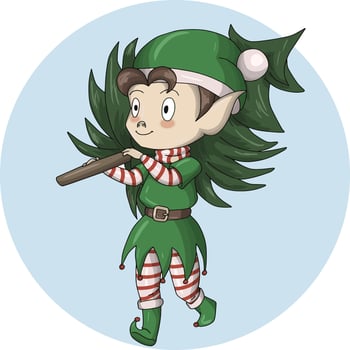 Santa's little elf helper carries a Christmas tree, vector illustration, on a blue background, postcard design element, emblem, icon