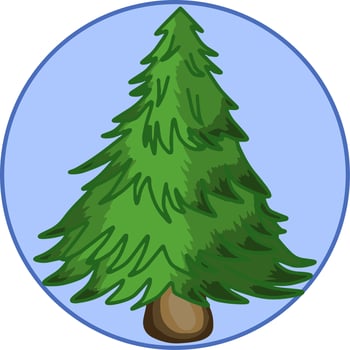 Vector illustration, cartoon green Christmas tree, on a round blue background, design element, icon, emblem