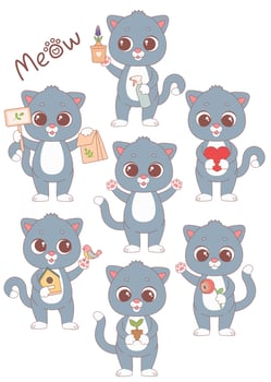 Cute cat set with spring flowers, hearts, plants and bird box. Vector illustration