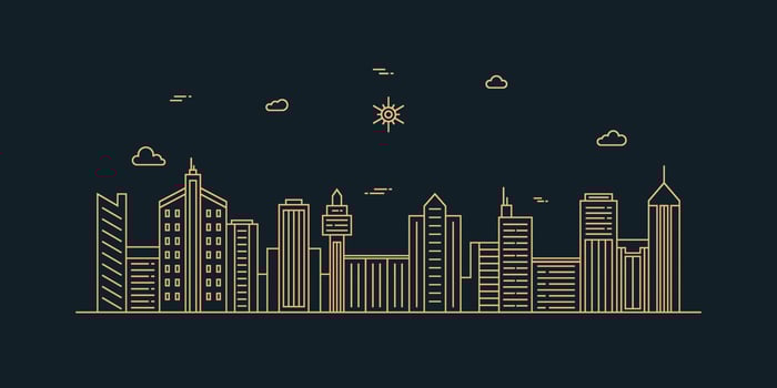Cityscape. Modern flat line landscape vector. City landscape line art illustration with building, tower, skyscrapers. Vector illustration.