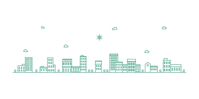 Vector landscape line art illustration. Village landscape with houses, building, tree, sky. Suburban landscape in monochrome line art style. Vector illustration.