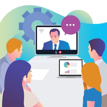 Employees are listening to a webinar from the boss about the work to be done vector