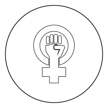 Symbol of feminism movement Gender women resist Fist hand in round and cross icon in circle round outline black color vector illustration flat style image