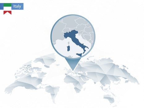 Abstract rounded World Map with pinned detailed Italy map. vector