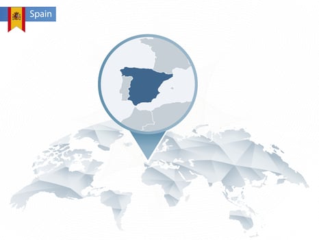 Abstract rounded World Map with pinned detailed Spain map. vector