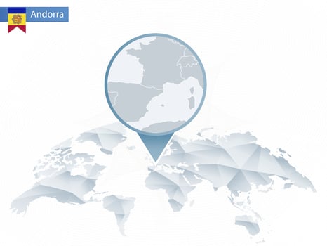 Abstract rounded World Map with pinned detailed Andorra map. vector
