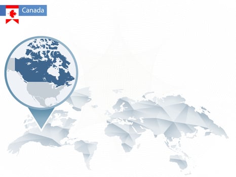 Abstract rounded World Map with pinned detailed Canada map. vector