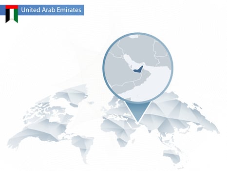 Abstract rounded World Map with pinned detailed United Arab Emirates map. vector