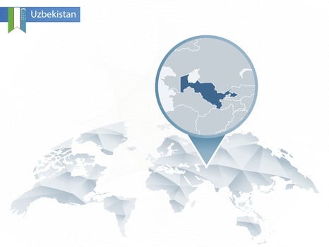 Abstract rounded World Map with pinned detailed Uzbekistan map. vector