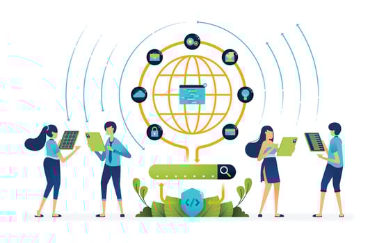 Illustration of access internet network that is encrypted for security in operating search engines. database big data management. Can be used for landing page, website, apps, poster, flyers, banner vector