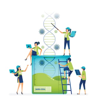 Illustration design of laboratories and manufacturers are trying to find and find right formula to create vaccine and treatment from covid 19. Can be used to landing page, mobile, brochure, flyer, app vector