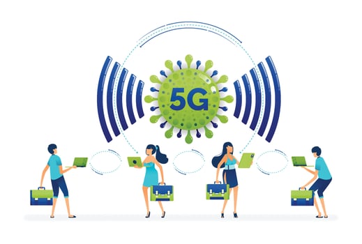 Illustration of acceleration of development 5g network due covid-19 pandemic for social distancing and prevention of transmission. Can be used for landing page, web, website, banner, business card vector