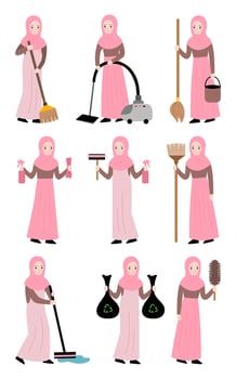 Muslim girl wear hijab cleaning vector flat illustration