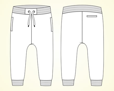 Fleece cotton jersey basic Sweat pant technical fashion flat sketch template front and back views. Apparel jogger pants vector illustration mock up for kids and boys.