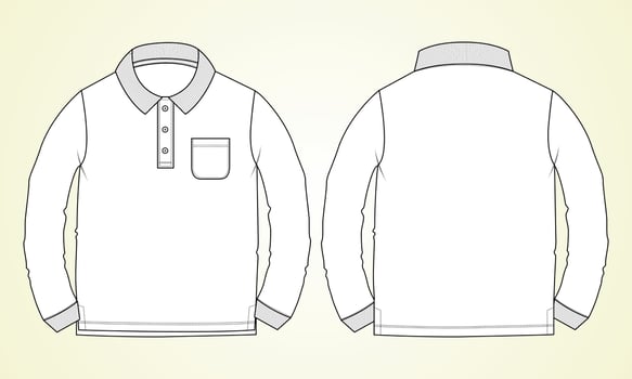 Long sleeve Polo shirt with pocket technical fashion flat sketch vector illustration template front and back views.
