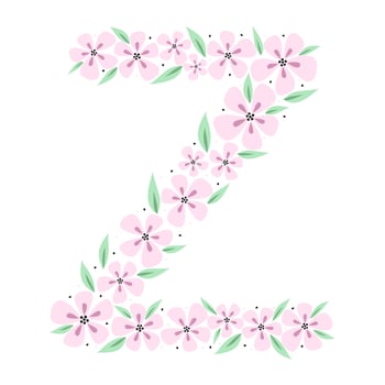 Floral botanical alphabet. Vintage hand drawn monogram letter Z. Letter with plants and flowers. Vector lettering isolated on white