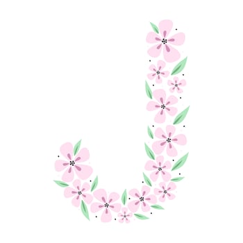 Floral botanical alphabet. Vintage hand drawn monogram letter J. Letter with plants and flowers. Vector lettering isolated on white
