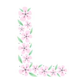 Floral botanical alphabet. Vintage hand drawn monogram letter L. Letter with plants and flowers. Vector lettering isolated on white