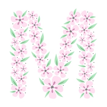 Floral botanical alphabet. Vintage hand drawn monogram letter M. Letter with plants and flowers. Vector lettering isolated on white