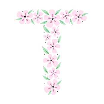 Floral botanical alphabet. Vintage hand drawn monogram letter T. Letter with plants and flowers. Vector lettering isolated on white