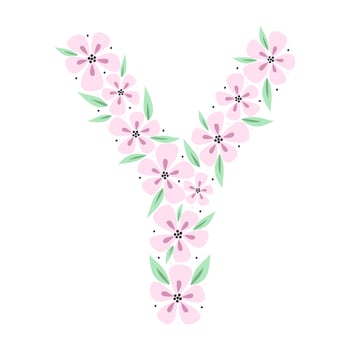 Floral botanical alphabet. Vintage hand drawn monogram letter Y. Letter with plants and flowers. Vector lettering isolated on white