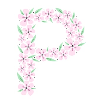 Floral botanical alphabet. Vintage hand drawn monogram letter P. Letter with plants and flowers. Vector lettering isolated on white