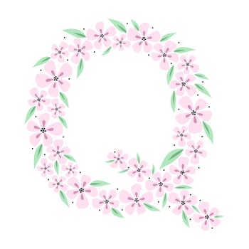 Floral botanical alphabet. Vintage hand drawn monogram letter Q. Letter with plants and flowers. Vector lettering isolated on white