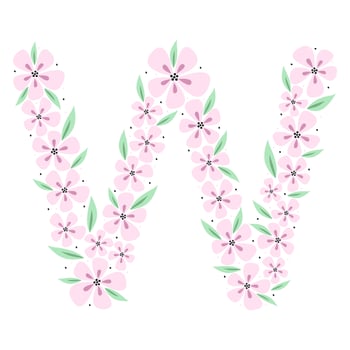 Floral botanical alphabet. Vintage hand drawn monogram letter W. Letter with plants and flowers. Vector lettering isolated on white