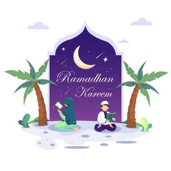 Ramadhan Kareem concept illustration. Happy Muslim people celebrate Holy Month Ramadhan, Eid Mubarak greeting. Flat vector template Style for Web Landing Page, Background.