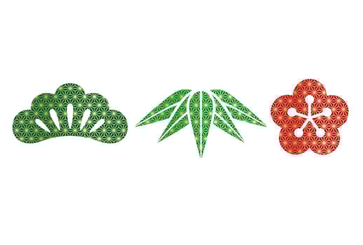 Set Of Japanese Vintage Auspicious Botanical Symbols, Pine, Bamboo, And Plum Isolated On A White Background. vector