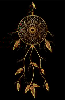 dreamcatcher with mandala ornament and bird feathers. Gold Mystic symbol, Ethnic art with native American Indian boho design, vector isolated on old vintage black background