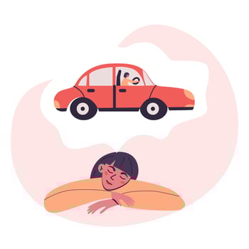 Young girl dreams of how she will drive a car. Flat vector isolated modern illustration in trendy colors.