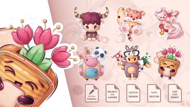 Cartoon character adorable animal sticker vector