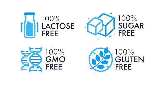 Lactose free, Sugar free,  GMO free, Gluten free vector label set