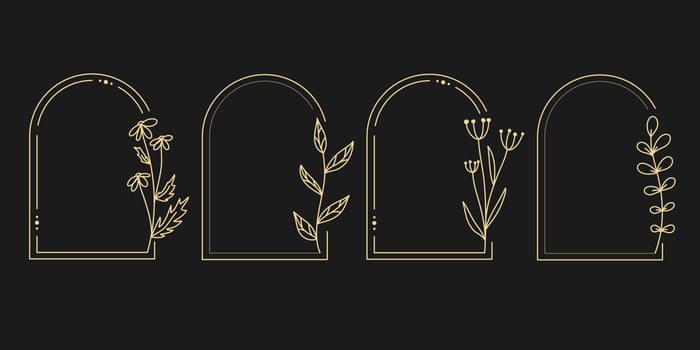 Collection of geometric vector gold floral frames. Borders decorated with hand drawn delicate flowers, branches, leaves, blossom. Vector illustration