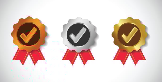 Checkmark or medal approved in 3D concept in bronze gold silver color vector