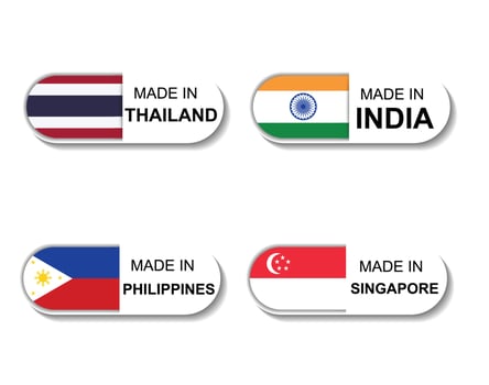 Set Sticker made in Singapore, Philippines, Thailand, India. Simple icon with a flag on white background vector