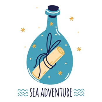 Secret message in glass bottle vector illustration. Rolled paper scroll with mysterious pirate letter in transparent container. Sea adventure, flat cartoon doodle isolated on white background
