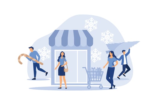 pedestrians hurry with gifts on their own business, holiday mood before the New Year and Christmas vector flat modern design illustration