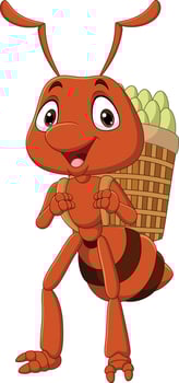 Cartoon funny ant carrying a basket of foods vector